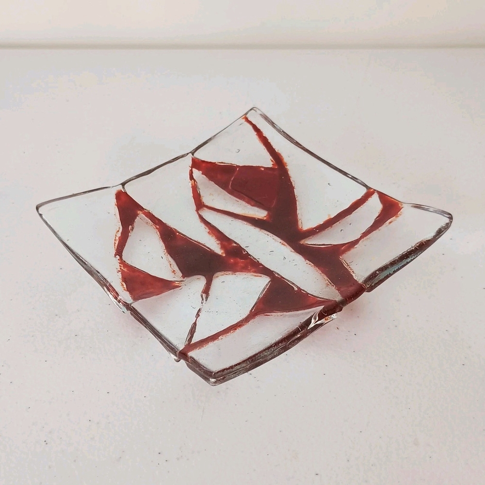 Vintage Red Clear Fuses Glass Trinket Dish Square Geometric 5x5